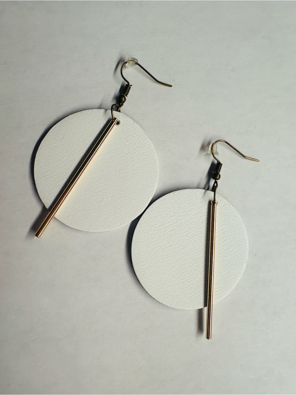 White Leather Disc Drop Earrings with Gold Bar